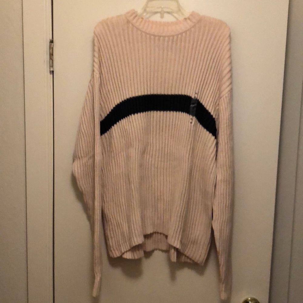 Men's Pale Pink Ribbed Knit Sweater with Black Stripe